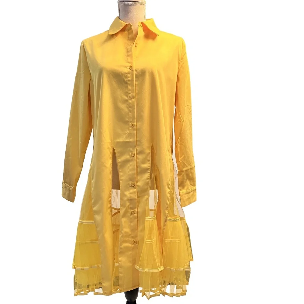 #A037   FT INC  Resort  Yellow  Sheer  Midi Shirt  dress  NWT Size  M - Picture 3 of 10